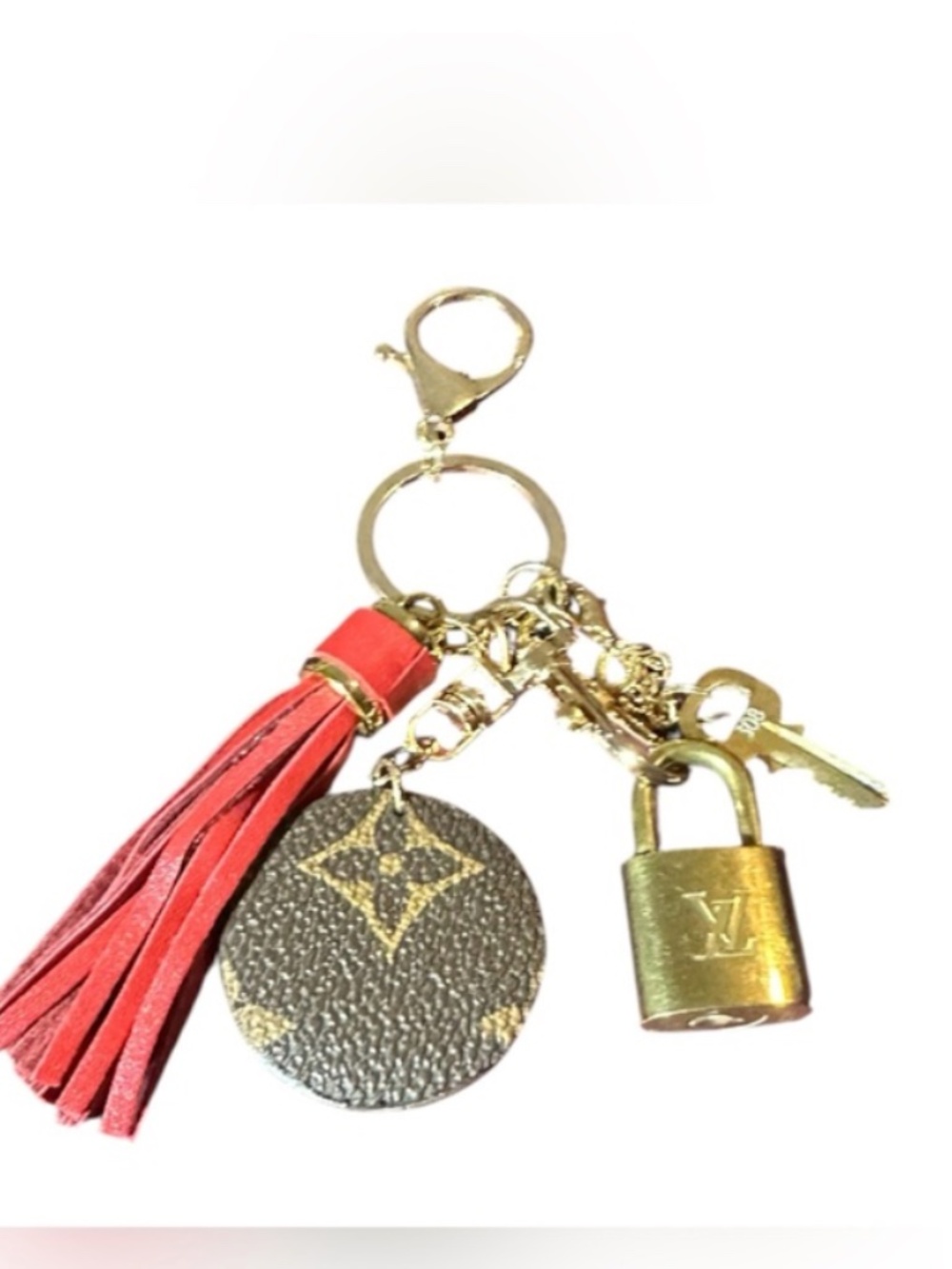 Auth Louis Vuitton Padlock & Key W/Unbranded Red Tassel & UnbrandedFloral Disc
